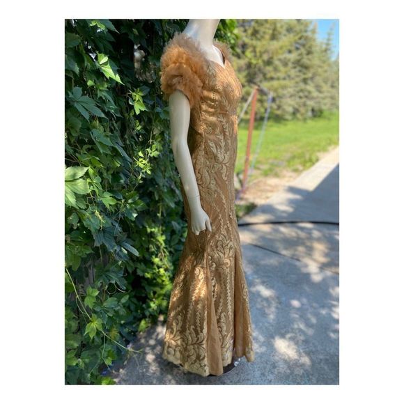 Gold Lace Mermaid Formal Dress Hand Tailored Ruffle Short Sleeve - Picture 12 of 12